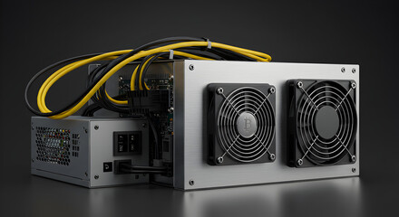 Poster - Silver Computer Power Supply with Black Fans and Yellow Cables on Dark Background