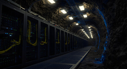 Poster - Server Room Tunnel with Glowing Lights and Data Racks in a Dark Cyber Environment Showing Network Infrastructure