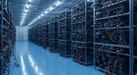 Poster - Server Room Interior with Rows of Computer Racks Data Storage System in Blue Tone