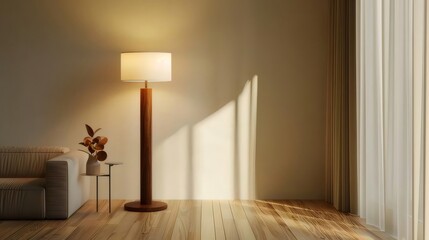 Aufkleber - 木製の床とランプのある穏やかなリビングルームのインテリア 自然光が差し込むシンプルでモダンな室内空間