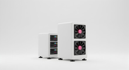 Poster - Modern White Server Unit with Pink Fan Blades in Bright Studio Setting