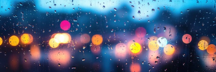 Leinwandbilder - Raindrops creating a dreamy atmosphere on a foggy window with blurred city lights illuminating the background during a nostalgic evening