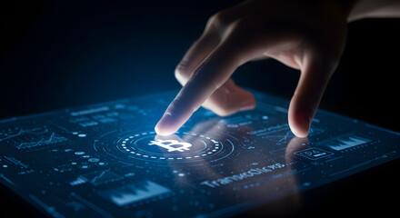 Poster - Index Finger Interacts With Glowing Blue Digital Touch Screen Pad Displaying Futuristic Technology Concept