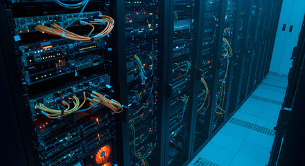 Poster - Illuminated Data Center with Rows of Servers Racks and Cables Featuring a Predominantly Blue Color Scheme