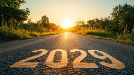Poster - Asphalt road marked with wooden numbers symbolizing future possibilities against a golden sunset