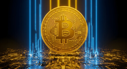 Poster - Golden Bitcoin Coin with Glowing Blue and Yellow Neon Lights Against Black Background