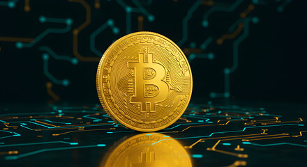 Poster - Golden Bitcoin Coin on Dark Circuit Board Background for Finance Technology
