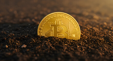 Poster - Golden Bitcoin Coin Embedded in Dark Earth Symbolizing Growth and Investment Opportunity