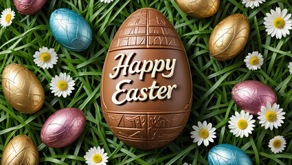 Poster - Easter eggs in grass with Happy