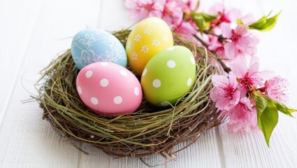 Poster - A basket filled with colorful Easter eggs in pastel hues of blue, green, yellow, and pink.