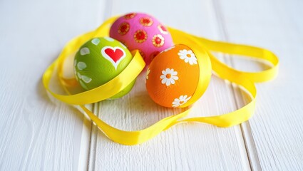 Poster - Three colorful Easter eggs with hearts on them, sitting next to yellow ribbon.