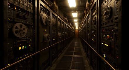 Poster - Dimly Lit Industrial Machine Control Center with Wires and Panels and Metallic Components