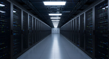 Poster - Data Center Server Room with Rows of Rack Mounted Servers Network and Modern Computer Technology