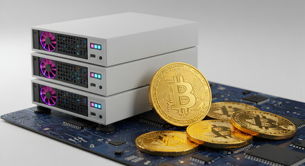 Aufkleber - Cryptocurrency Bitcoin Mining Servers with Gold Coins on a Blue Circuit Board High Tech and Financial Concept