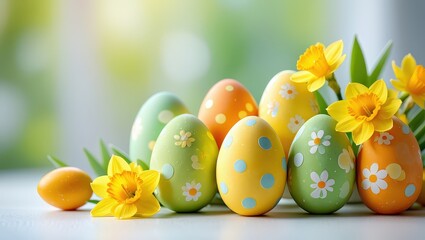 Poster - A collection of colorful Easter eggs with floral patterns and yellow daffodils in the background.