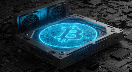 Poster - Cryptocurrency Bitcoin Circuit Board with Glowing Blue Symbol Technology and Finance Investment Concept