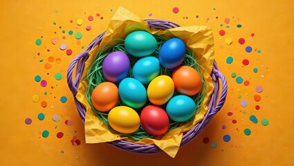 Poster - A colorful Easter basket filled with pastel-colored eggs, sitting on a yellow background with confetti sprinkles around it.