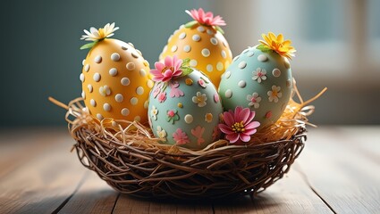 Poster - A basket filled with colorful Easter eggs decorated with flowers and polka dots.