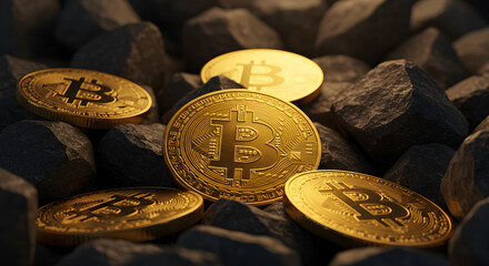 Aufkleber - Close Up of Gold Bitcoin Coins Resting on Gray Rocks Under a Soft Warm Light