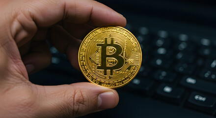 Aufkleber - Close Up of a Golden Bitcoin Coin Held by Hand Over Black Laptop Keyboard Representing Digital Currency and Financial Technology