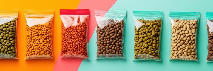 Poster - Colorful packaging mockups for dry and wet pet food arranged in rows on a flat surface