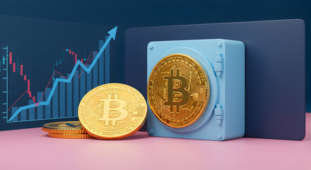 Aufkleber - Bitcoin Security with Safe Box and Upward Trend Chart on Pink and Blue Background