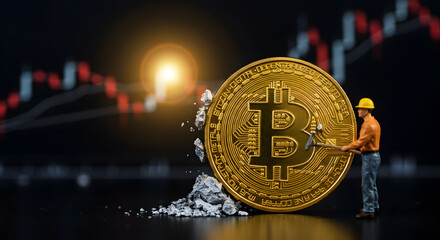 Aufkleber - Bitcoin Mining Concept with Golden Coin Miniature Miner and Stock Chart on Black Background