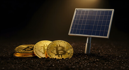 Aufkleber - Bitcoin Golden Coins with Solar Panel on Soil with Overhead Lighting for Sustainable Cryptocurrency Future