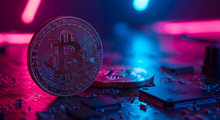 Aufkleber - Bitcoin Coin on Illuminated Circuit Board with Pink and Blue Neon Lighting Emphasizing Digital Currency
