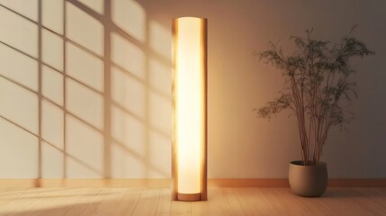 Aufkleber - 温かみのある光を放つモダンな照明器具 木と壁の影が作り出すシンプルで洗練された空間