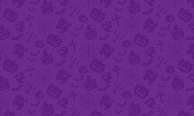 Halloween background design. Pattern designed with spider web, pumpkin, candle, ghost, bats and skull ornament icons. Purple halloween backdrop for website and banner designs. Suitable for printing.