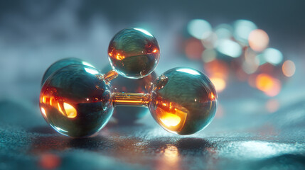 Wall Mural - hyperreal macro photo of chemical bonds formed from glossy orbs, glowing softly in muted cyan and ro
