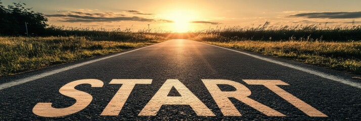 Poster - Road to start symbolizing new beginnings with wooden letters against a sunset backdrop