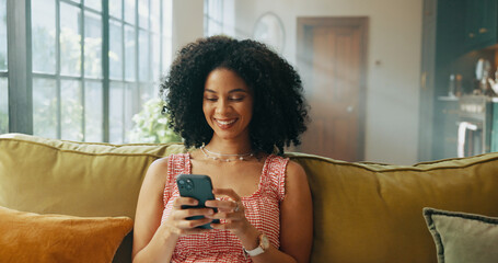 Poster - Happy, relax and woman on sofa with phone in home for social media, networking and communication. Apartment, living room and African person on smartphone for online chatting, internet post or website