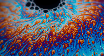 Poster - Macro Shot of Iridescent Swirling Patterns of Soap Bubble Surface with Blue and Orange Colors