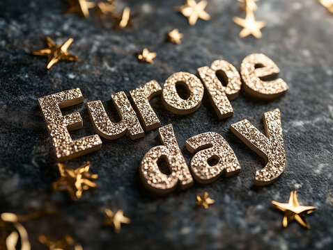 Celebrating europe day with golden letters and stars