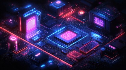 Poster - Neon Motherboard: A Cyberpunk Computer Chip Close-Up