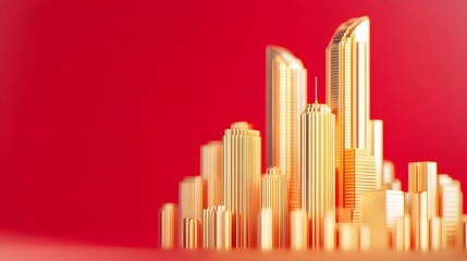 Poster - 黄金の高層ビル群が深紅の背景にそびえ立つ 抽象的な光と影の建築デザイン