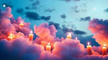 Wall Mural - Lit candles nestled in dreamy, pink clouds against a twilight sky