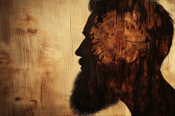Fototapete - Silhouette of a beard featuring natural wood grain texture against a clean background showcasing artistry and creativity