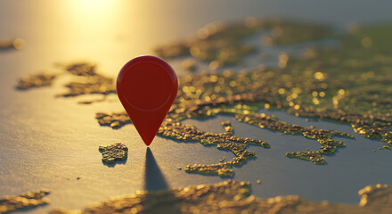 Poster - Red Pin Marking a Location on a Detailed Topographical Map of Europe with Golden Lighting and Textured Surface