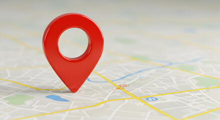 Fototapete - Red Location Pin on Detailed Street Map with City Grid and River Marking in White Background