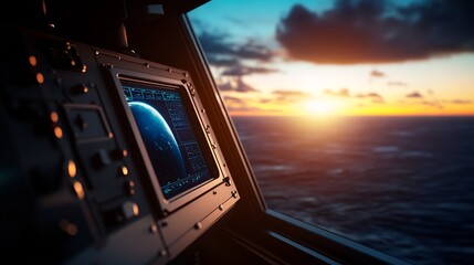 Global Navigation Sunset Ocean Ship Bridge.