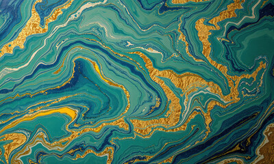 Poster - stunning abstract design featuring swirling patterns of green, blue, and gold, creating mesmerizing visual effect that evokes sense of tranquility and elegance