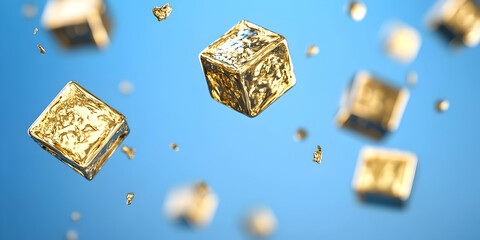 Fototapete - Metallic Gold Cube Renderings Form a Loose Circle Against a Light Blue Gradient Background in a Studio Setting