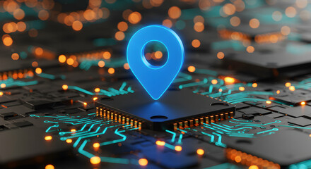 Fototapete - Blue Location Symbol on Dark Circuit Board with Orange Light Effect
