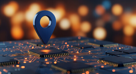 Fototapete - Blue Location Pin on Illuminated Orange and Blue Circuit Board with Bokeh Background