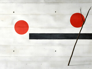 Fototapete - Minimalist Abstract Design With Red Circles Black Line And Branch on White Concrete Wall