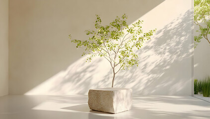 Fototapete - Minimalist Interior Featuring Tree in Stone Pot with Sunlight and Shadows in White Room