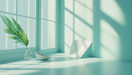 Fototapete - Minimalist Room Interior with Green Plant in Clear Vase and Sunlight Streaming Through Window with Geometric Shapes